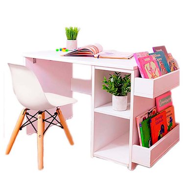 ESCRITORIO WONDER WOOD MUEBLERÍA BLANCO + SILLA CON 2 COMPARTIMIENTOS Y 2 PORTACUENTOS PARA NIÑOS