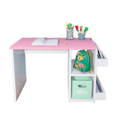 ESCRITORIO MONTESSORI WONDER WOOD MUEBLERIA CON 2 COMPARTIMIENTOS Y 2 PORTACUENTOS BLANCO/ROSADO PARA NIÑOS