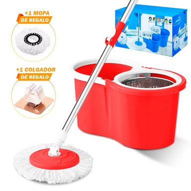 TRAPEADOR CON ESCURRIDOR GIRATORIO AUTOMÁTICO 2 MOPAS ROJO 88 Y COLGADOR DE REGALO - 1
