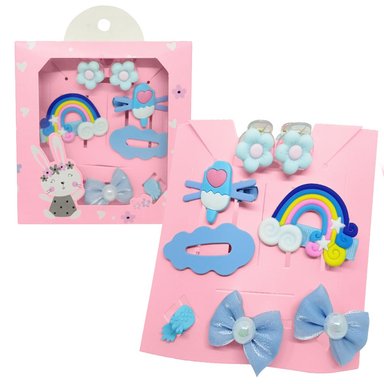 SET DE 8 GANCHITOS KAWAII PARA NIÑAS ACCESORIO DE CABELLO S47 CELESTE-ARCOIRIS