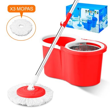 TRAPEADOR CON ESCURRIDOR GIRATORIO AUTOMÁTICO 3 MOPAS ROJO 88 - 1