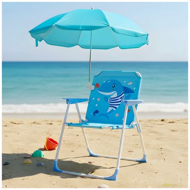 SILLA PARA NIÑOS PLEGABLE CON SOMBRILLA DISEÑO TIBURON CELESTE XC6