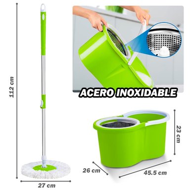 TRAPEADOR CON ESCURRIDOR GIRATORIO AUTÓMATICO 2 MOPAS VERDE 88 Y COLGADOR DE REGALO - 6