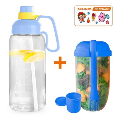 BOTELLA SASHIJA 1800ML TOMATODO CL Y VASO MEZCLADOR PORTA ENSALADAS CON TENEDOR AZ