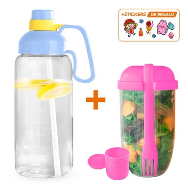 BOTELLA SASHIJA 1800ML TOMATODO CL Y VASO MEZCLADOR PORTA ENSALADAS CON TENEDOR RS