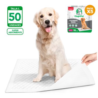 PACK X5 PAÑALES PARA MASCOTAS SUPER ABSORBENTE MAGIC PET TALLA L 60X60 50 UND HY6
