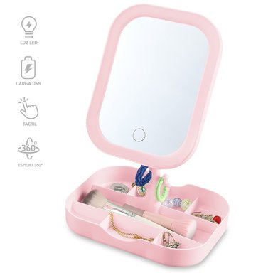 JOYERO ORGANIZADOR CON ESPEJO LED PORTÁTIL ROSADO A31