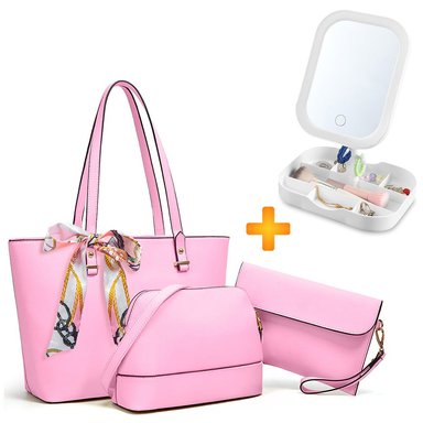 CARTERA PARA MUJER 3 PIEZAS RS 08G Y JOYERO CON ESPEJO LED BL A31