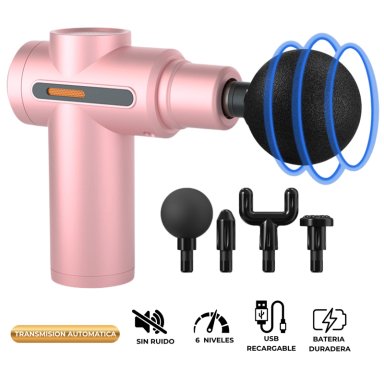 PISTOLA MASAJEADOR  MUSCULAR 4 CABEZALES 6 VELOCIDADES ROSADO