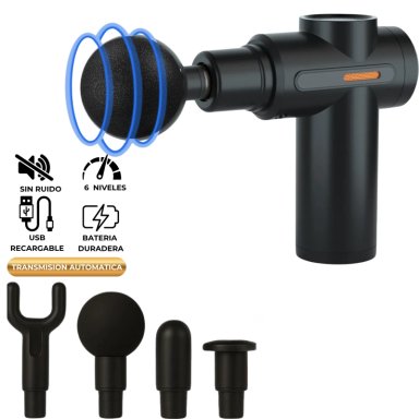 PISTOLA MASAJEADOR  MUSCULAR 4 CABEZALES 6 VELOCIDADES NEGRO