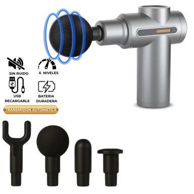 PISTOLA MASAJEADOR  MUSCULAR 4 CABEZALES 6 VELOCIDADES GRIS