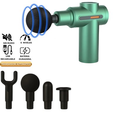 PISTOLA MASAJEADOR  MUSCULAR 4 CABEZALES 6 VELOCIDADES VERDE
