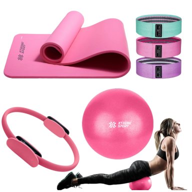 EQUIPO DE PILATES PARA ENTRENAMIENTO PELOTA 25CM + MAT Y BANDAS ROSADO