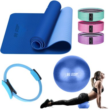 EQUIPO DE PILATES PARA ENTRENAMIENTO PELOTA 25CM + MAT Y BANDAS AZUL