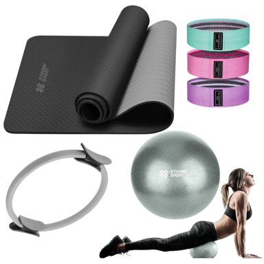 EQUIPO DE PILATES GRIS PARA ENTRENAMIENTO PELOTA 25CM + MAT Y BANDAS