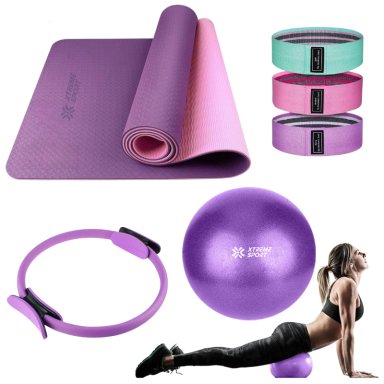 EQUIPO DE PILATES MORADO PARA ENTRENAMIENTO PELOTA 25CM + MAT Y BANDAS