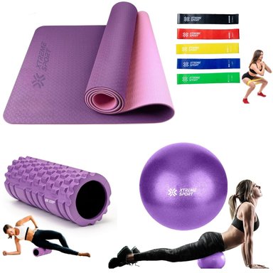 COMBO FITNESS YOGA MAT ANTIDESLIZANTE + LIGAS + RODILLO ROLLER + PELOTA25 CM