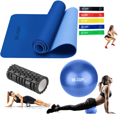 COMBO FITNESS YOGA MAT ANTIDESLIZANTE + LIGAS + RODILLO ROLLER + PELOTA25 CM