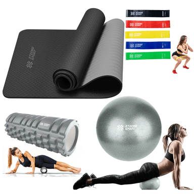 COMBO FITNESS YOGA MAT ANTIDESLIZANTE + LIGAS + RODILLO ROLLER + PELOTA25 CM