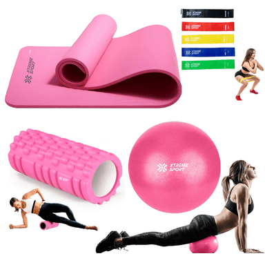 COMBO FITNESS YOGA MAT ANTIDESLIZANTE + LIGAS + RODILLO ROLLER + PELOTA25 CM