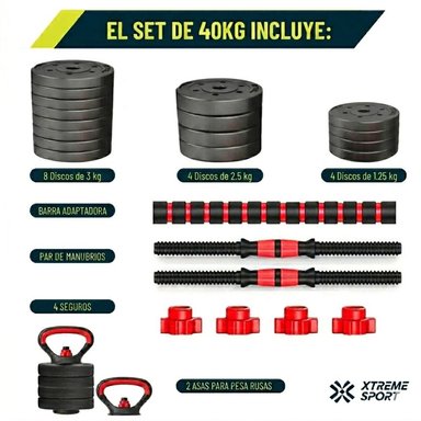 MANCUERNAS SET DE 40 KG CONVERTIBLES + BARRA + ASAS - 4