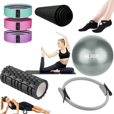 COMBO PILATES PRO 6 EN 1 PELOTA+BANDAS+MAT+ARO+ROLLER+CALCETINES ANTIDESLIZANTES - 1