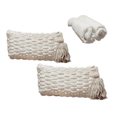 SET CESTOS ZARA ALMOHADAS.PE MINIMALISTA CREMA BAÑO 2 BORLAS + 2 TOALLAS CARA BLANCAS