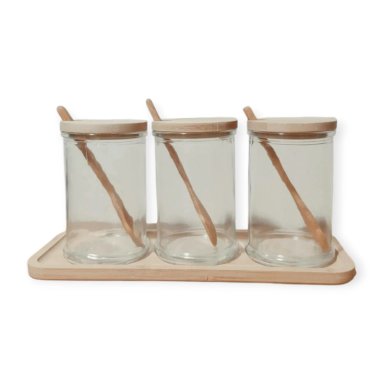 SET ACCESORIOS COCINA ZARA ALMOHADAS.PE MINIMALISTA MADERA NATURAL CONTENEDORES CONDIMENTEROS VIDRIO + FUENTE BAMBU