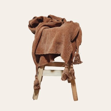 MANTA ZARA ALMOHADAS.PE 120X200CM ALGODÓN CAMEL PIE CAMA TEJIDO WAFFLE CON BORLAS