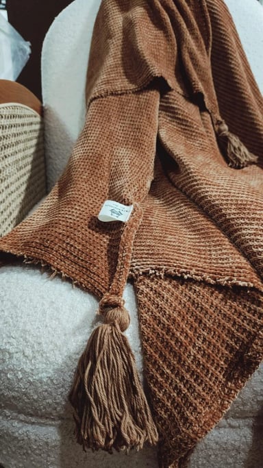 MANTA ZARA ALMOHADAS.PE 120X200CM ALGODÓN CAMEL PIE CAMA TEJIDO WAFFLE CON BORLAS - 2