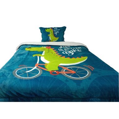 EDREDÓN FREE HOME 1.5 PLAZAS SHERPA MULTICOLOR FLANNEL + 1 FUNDA SHAM DINO BIKE