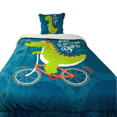 EDREDÓN FREE HOME 2 PLAZAS SHERPA ANIMAL PRINT FLANNEL DINO BIKE + FDA SHAM