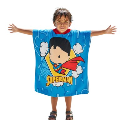 TOALLA PONCHO INFANTIL CON CAPUCHA AZUL SECADO RÁPIDO DISEÑO HÉROE
