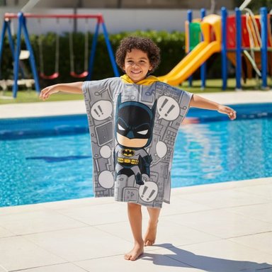 TOALLA PONCHO INFANTIL CON CAPUCHA GRIS SECADO RÁPIDO DISEÑO HÉROE - 3