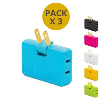 ADAPTADOR ENCHUFE TRIPLE GIRATORIO X 3 UNIDADES - AJUSTE SEGURO Y COMPACTO