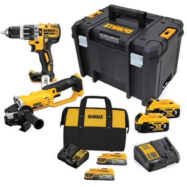 TALADRO PERC 1/2' + AMOLADORA 4 1/2' 20V 2 BAT 5.0 AH + SET DE 2 BAT POWERSTACK Y BOLSO DEWALT