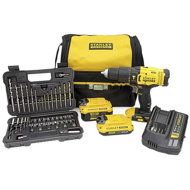 SET DE HERRAMIENTAS STANLEY TALADRO PERCUTOR 1/2' 20V INC 2 BATERÍA + CARG + 50 PZ + BOLSO SCD711DMSA-B2