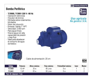 BOMBA PERIFERICA 1HP ALT MAX 65M 220V TC5081 TOOLCRAFT - 2