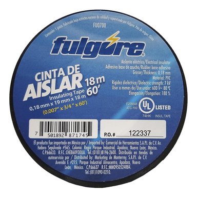 CINTA AISLANTE NEGRO 19MMX18M FULGORE FU0700