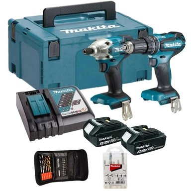 TALADRO PERC 1/2' + ATORNILLADOR DE IMPACTO 1/4' HEX 18V 2 BAT + SET DE 5 PZS + SET 17 PZS MAKITA