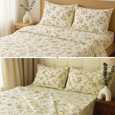 JUEGO COMPLETO EDREDÓN AMANECER GR 1.5 PLAZAS ALGODÓN CREMA ESTAMPADOS VERANO/TODA ESTACIÓN