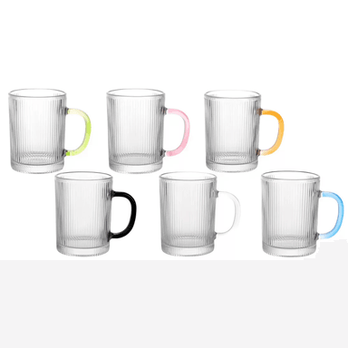 SET DE 6 TAZAS ACANALADAS DE VIDRIO ASA DE COLORES 310 ML