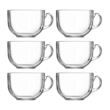 JUEGO DE 6 TAZAS DE VIDRIO CON MANGO TRANSPARENTE 450 ML