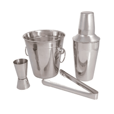 SET DE BAR 4 PIEZAS COCTELERA, HIELERA, ONZERA Y PINZA