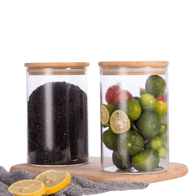 SET DE 2 FRASCOS DE VIDRIO BOROSILICATO CON TAPA DE BAMBÚ 550 ML