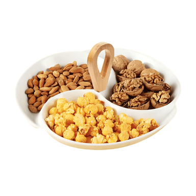 BANDEJA DE CERÁMICA PARA BOCADITOS CON ASA DE BAMBÚ