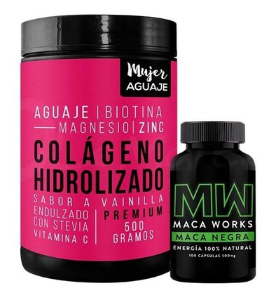 PACK COLÁGENO MUJER AGUAJE EN POLVO 500 G 100 CÁPSULAS HIDROLIZADO SABOR VAINILLA + MACA NEGRA 100 CÁPSULAS