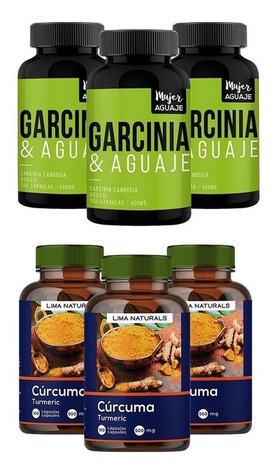 PACK 03 FRASCOS LIMA NATURALS GARCINIAYAGUAJE 100 CÁPSULAS + PACK 03 FRASCOS CURCUMA 100 CÁPSULAS