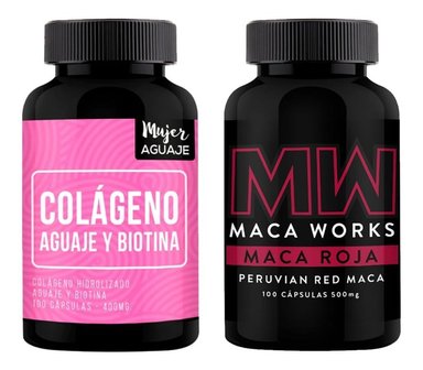 PACK CÁPSULAS LIMA NATURALS COLÁGENO AGUAJE Y BIOTINA COMPRIMIDOS 100 UNIDADES + MACA ROJA 100 UNIDADES MACA WORKS