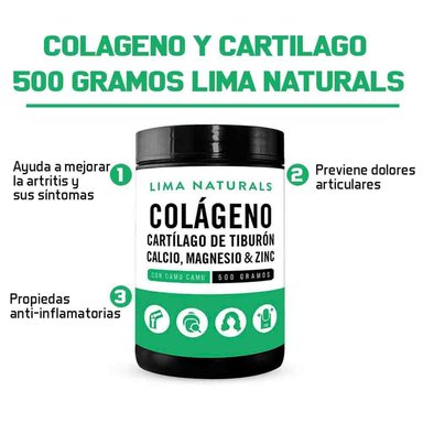 PACK 3 LIMA NATURALS POLVO COLAGENO HIDROLIZADO + CARTILAGO DE TIBURON + CALCIO + MAGNESIO Y ZINC 500 G - 2